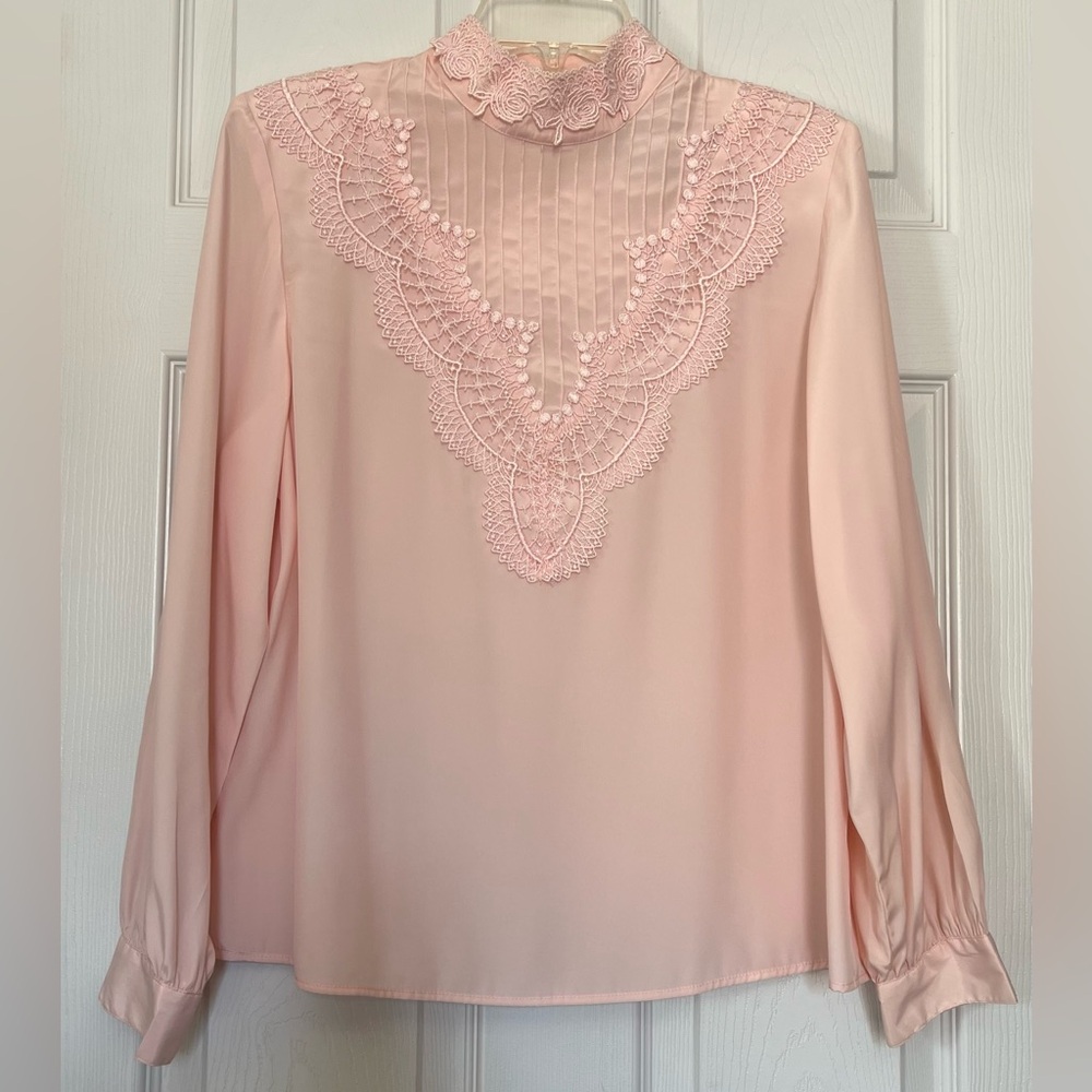 Vintage Yves St. Clair Soft Pink Lace Blouse Feminine Victorian Size 12 Petite